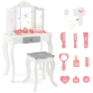Girls Vanity Makeup Dressing Table & Stool Set Gift Kids With Tri-Folding Mirror - Picture 1 of 10