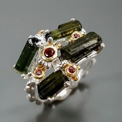 Rough gem Natural Tourmaline Ring 925 Sterling Silver Size 6 /R429807 - Image 1 of 4