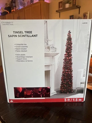**** 5 Foot Red Tinsel Collapsible Skinny Tree with Stand **** - Image 1 of 4