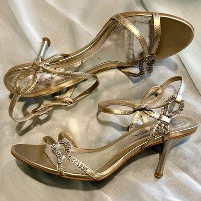 Vintage Women’s Rhinestone Metallic Heels Fairycore Sandals Evening 8.5  Gold - Image 1 of 4