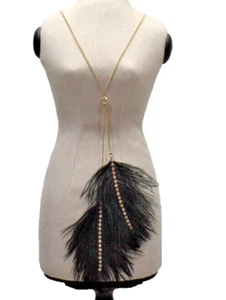Jessica Simpson Feather Collection Long Necklace Black Goldtone New! NWT - Picture 1 of 8