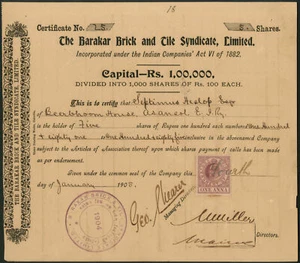 India: Barakar Brick and Tile Syndicate Ltd., 100 rupee shares, 1905 - Picture 1 of 1