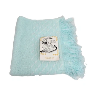 VINTAGE INFANT KNIT SHAWL BABY BLANKET TURQUOISE WHITE DIAMOND FRINGE 40" x 40" - Picture 1 of 4