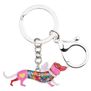 Enamel Alloy Floral Dachshund Dog Keychains Bag Car Key Ring Pets Jewelry Gifts - Picture 1 of 11