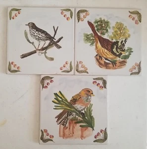 (3) 6" Square Hand Painted Bird Tiles F.F.A. Marques Portugal Tit Thrush Swallow - Picture 1 of 10