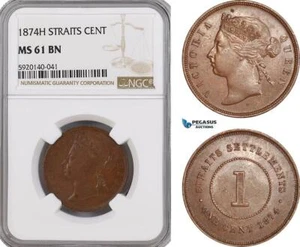 AG316, Straits Settlements, Victoria, 1 Cent 1874-H, Heaton, NGC MS61BN - Picture 1 of 1