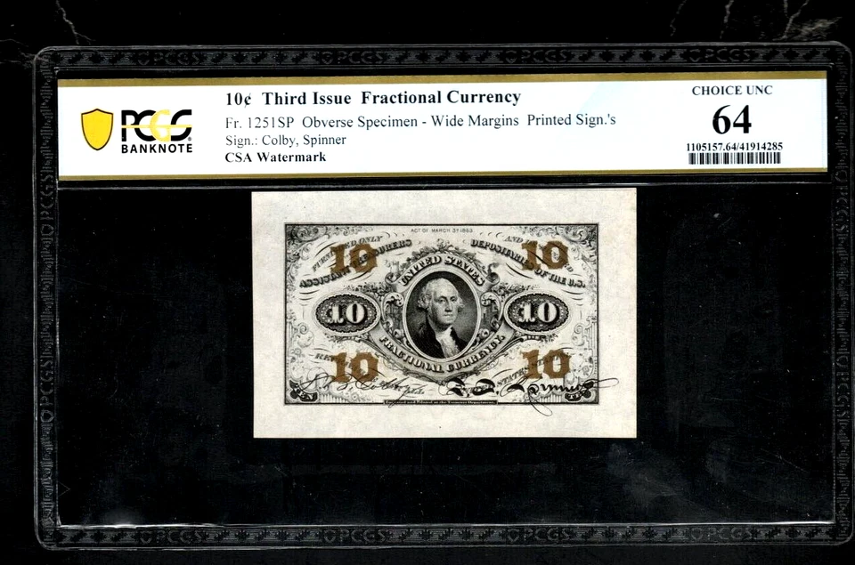 Fr# 1251 spwmf 10c 2nd Issue Wide Margin Specimen PCGS 64  Choice Unc. - A28 - Image 1 of 2