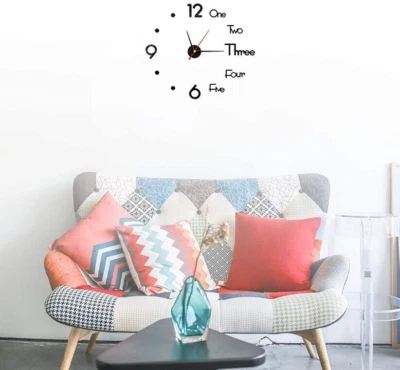 3D Mirror Surface Large Wall Clock Modern DIY Sticker Office Home Modern Black - Image 1 of 4