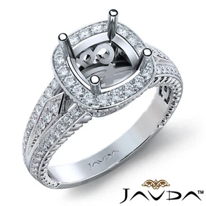 Vintage Halo Pave Filigree Cushion Semi Mount Diamond Engagement Ring 0.80 Ctw - Picture 1 of 32