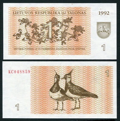 Lithuania 1 talonas 1992 Birds Two Eurasian Lapwings P39 UNC Anial Series - Image 1 of 4