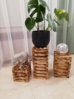 Holzsäule 3er Set Holz Säule Dekosäule Blumenständer, Massiv Holz, Geflamt NEU  - Bild 1 von 4