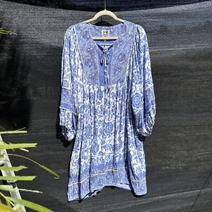 JAASE Woman’s Dress Size L Blue  Floral 3/4 Sleeve Wide With Elastic Tie Neck - Foto 1 di 21