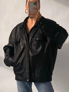 Black Oversized Leather Jacket Womens Leather 80s Vintage Black Bomber Jacket - Picture 1 of 4
