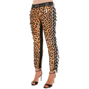 DSQUARED RUNWAY Metal Buckle Leopard Leather Fur Pants Beige Black Beige 12637 - Picture 1 of 4