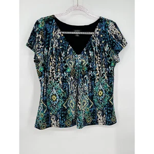 Rafaella V-Neck Top Abstract Print Short Sleeve Blouse Blue Green Size PXL - Picture 1 of 9