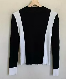 Zara Knit Womens Rib Knit Mock Neck Sweater Black/Ivory Long Sleeve Size M - Picture 1 of 7