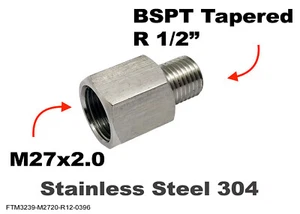 M27x2.0 Female to BSPT Tapered R 1/2" Male Stainless Sensor Adaptor Fittings - Picture 1 of 6