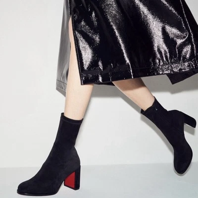 CHRISTIAN LOUBOUTIN STRETCHADOXA BOTAS DE TORNOZELO CAMURÇA PRETA SALTO BLOCO ZÍPER NOVO 38.5 - Imagem 1 de 4