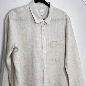 GAP Men’s 100% Linen Button Shirt Beige Size L Long Sleeve Classic Collar EUC - Picture 1 of 9