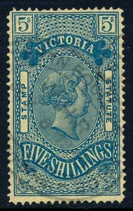 1871 Victoria, Australia used fiscal, revenue stamp 5/, BF13B, blue on yellow - Picture 1 of 4