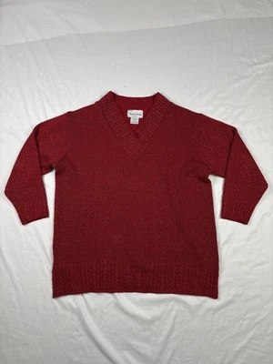 Diane von Furstenberg Sweater Womens 1X Red Metallic V Neck Pullover Knit Lurex - Image 1 of 4