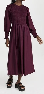 APIECE APART Altro Cotton Long Balloon Sleeve Maxi Dress Smocked Maroon Red S - Image 1 of 4