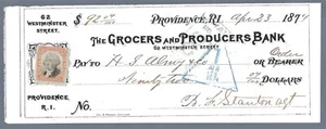 Assegno bancario R135 Banca della spesa e dei produttori, RI Providence, 1874 - Foto 1 di 2