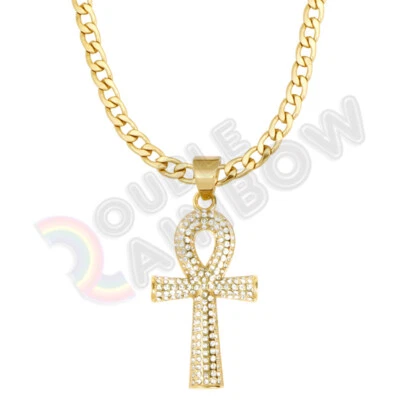 Collar Ankh egipcio de acero inoxidable para hombre con colgante de cruz de circonita cúbica cadena cubana de 6 mm*P113 Foto 1 de 4