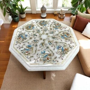 18" White Marble Sofa Center Coffee Table Mop Inlay Floral Arts Marquetry Decors - Picture 1 of 8