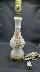 Vintage Mid Century Milk Glass Table Bedside Lamp Hand Painted Florals Brass... - Picture 1 of 11