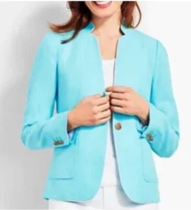 TALBOTS Aberdeen Stand Collar Striped Linen Blend Blazer Aqua Sz 4 NWT - Picture 1 of 6