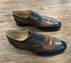 PAUL FREDERICK Wingtip Men’sShoes Size 9 Brown Blue Leather Oxford Cap Toe Italy - Picture 1 of 12