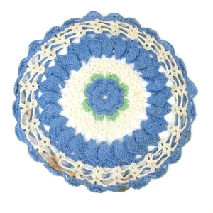 Vintage Rose Hot Plate Doily Blue Flower Cream Green 9.5" Handmade Mid Century - Picture 1 of 10