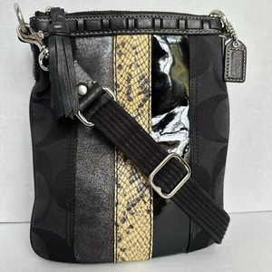 Coach Black Leather Signature Crossbody Bag Python Snake Patent Metallic Stripes - Picture 1 of 24