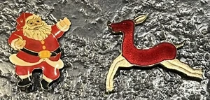 Vtg Santa Claus St Nick & Red Reindeer Christmas Gold Tone Enamel Lapel Hat Pins - Picture 1 of 5