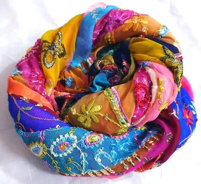 AMZ Sari Silk Ribbon Yarn Strips Georgette Fabric Remnant 21 Yards Embroidered - Image 1 of 4