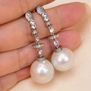Natural White Keshi Edison Pearl White Gold Plated CZ Paved Stud Dangle Earrings - Picture 1 of 9