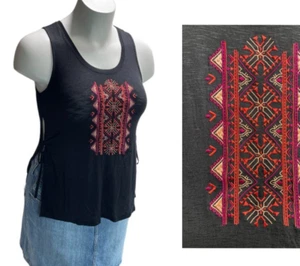 Maurices Open Side Tank Top Women Large Black Detailed Embroidered Sleeveless - Picture 1 of 11