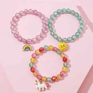 3 PC Girl's Pendant Multi-color Acrylic Beaded Stretch Bracelet Set New 9053 - Picture 1 of 2