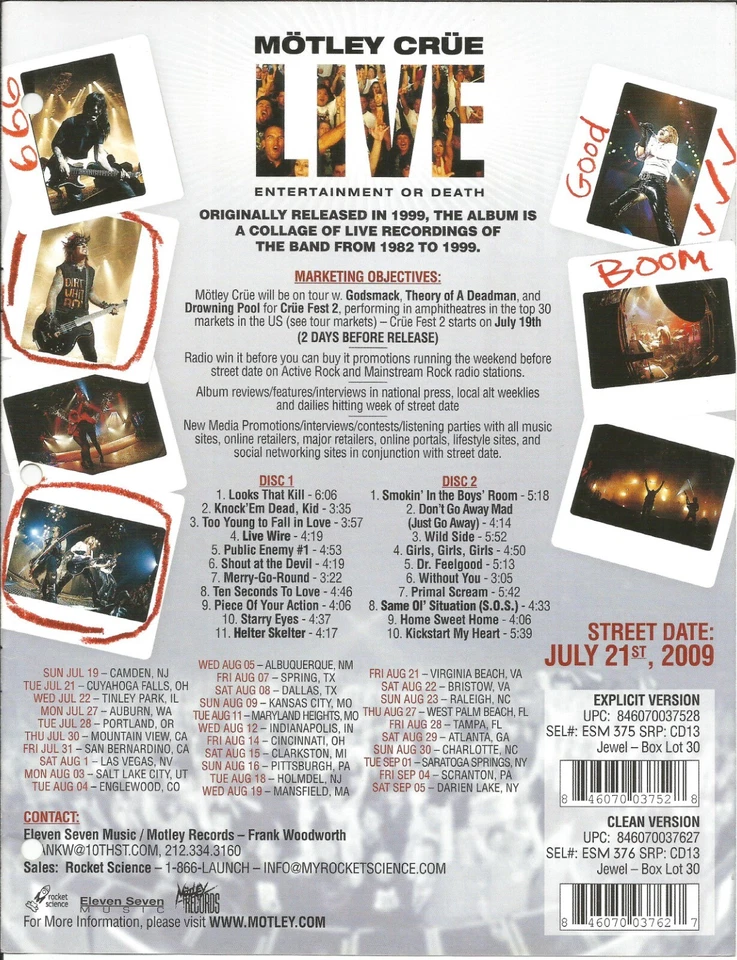 Póster de anuncio comercial promocional Motley Crue 2009 raro con fechas de gira de CD en vivo como nuevo 8,5x11 Foto 1 de 1