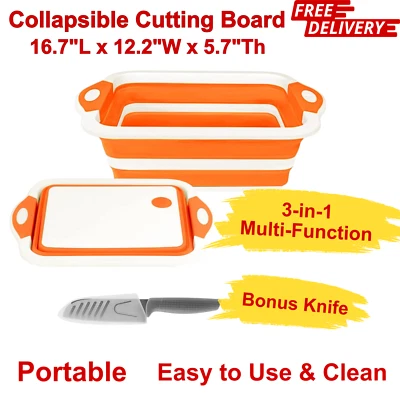 Tabla de cortar plegable con colador | Fregadero de cocina 3 en 1 y bañera para platos, naranja Foto 1 de 4