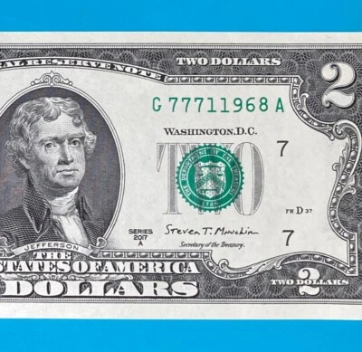 LUCKY January 1968 (G 777 1 1968 A) $2 Two Dollar Bill Serial Number 2017A *UNC* - Image 1 of 4