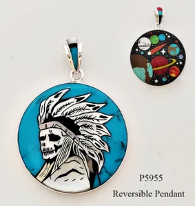 WOW HEAVENLY BODIES SKULL CHIEF TURQUOISE INLAY .925 SILVER MEDALLION PENDANT - Picture 1 of 4