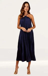 Little Mistress Womens Navy Satin Midaxi Dress High Neck RRP £65 - Picture 1 of 22