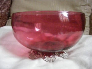 Antique Victorian Cranberry Glass Bowl with Clear Glass Frilly Base - Picture 1 of 6