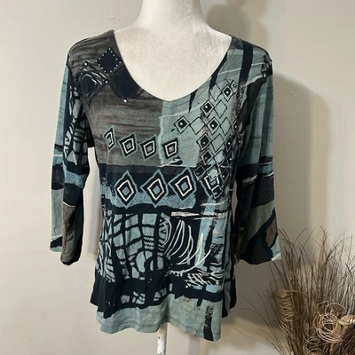 Top artístico portátil Katina Marie para mujer abstracto adornado manga 3/4 cuello en V talla L Foto 1 de 4
