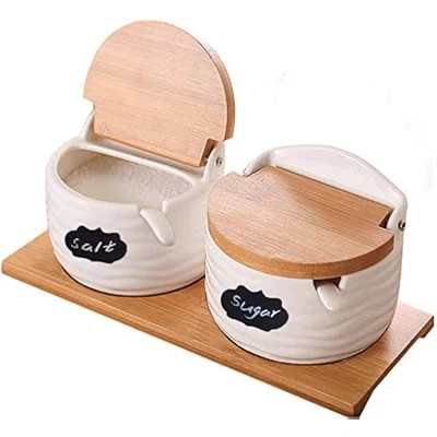 Azúcarero con tapas y cucharas, tarro de cerámica con cuchara y bandeja, Foto 1 de 4