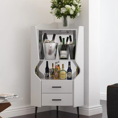 White Wooden Corner Bar Cabinet 2 Open Shelves 2 Drawers Mirrored Back High Legs - Image 1 of 4