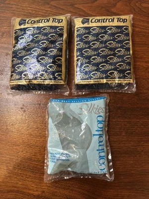 3 Pairs VTG New In Pkg Silkies Control Top Pantyhose Queen XL Black Navy Blue - Image 1 of 2