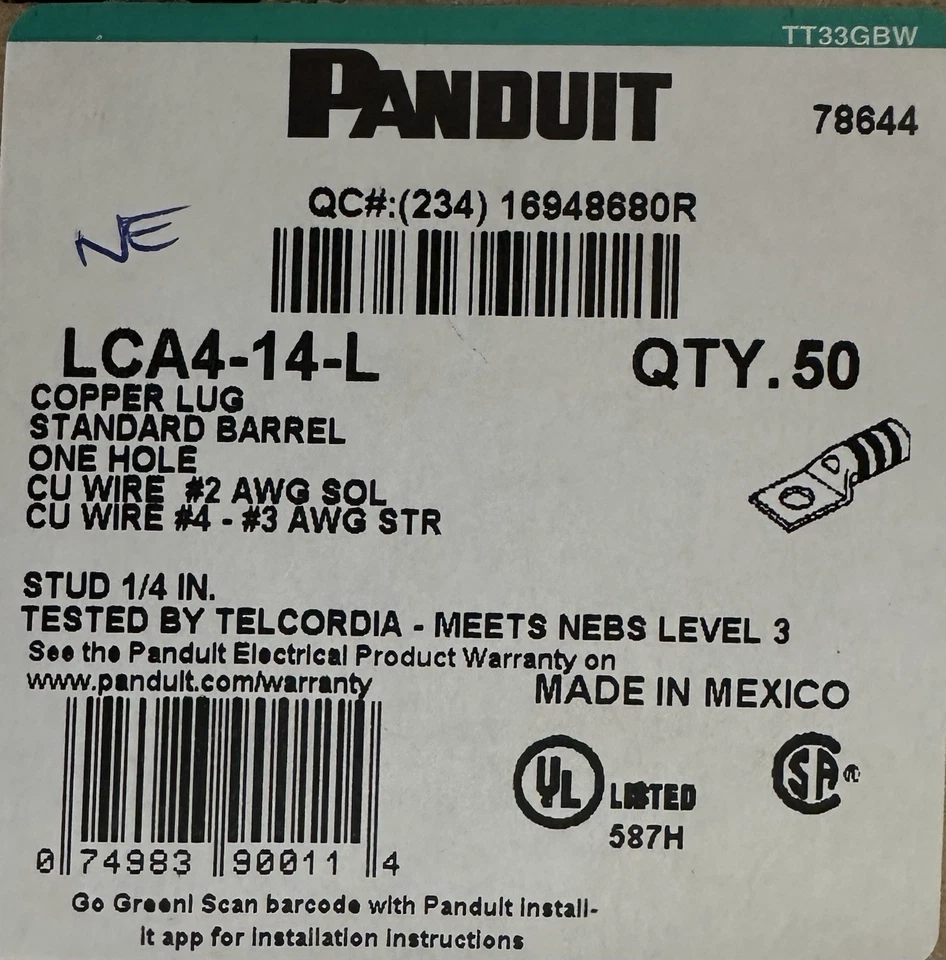LCA4-14-LCopperLugStandardBarrel 1-Hole 1/4Stud#2 AWGSolid #3Stud  50 per box - Image 1 of 4